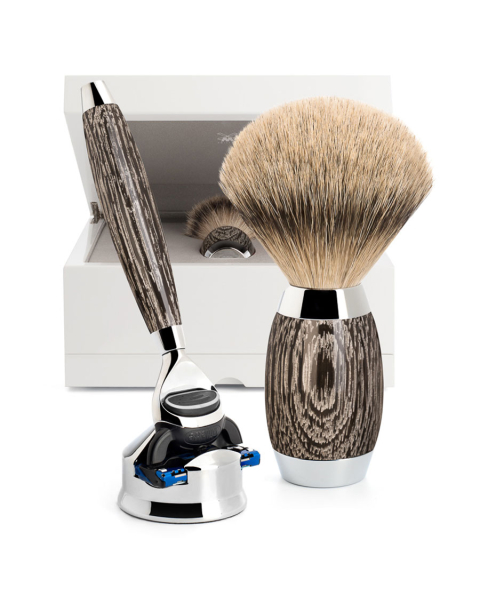 Mühle - Rasierset Silberspitz Dachszupf Griffmaterial aus Mooreiche und Sterlingsilber